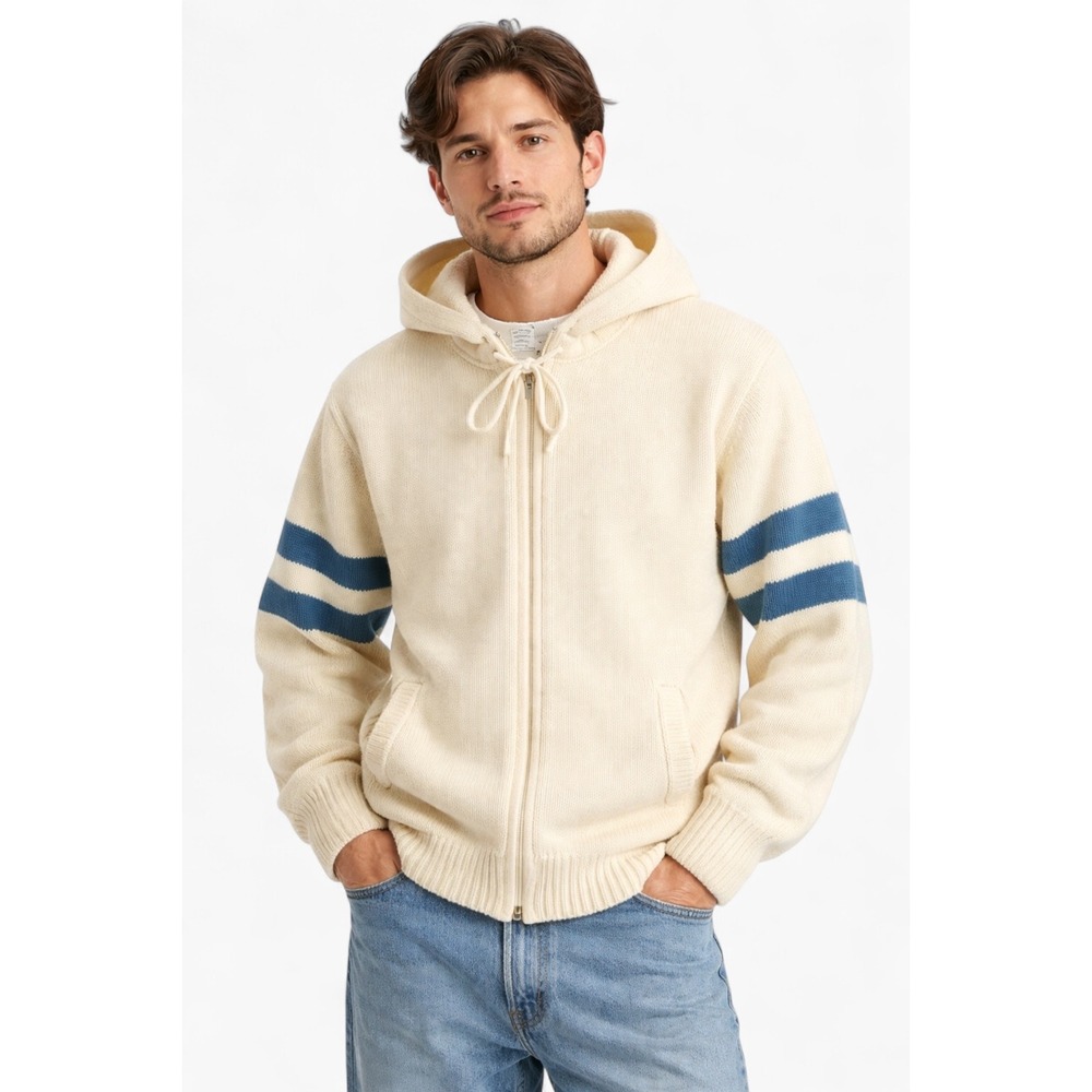 Kennington Winner Wear Knit‎ Zip Hoodie Small Cream Blue Stripe Vintage 70s 80s